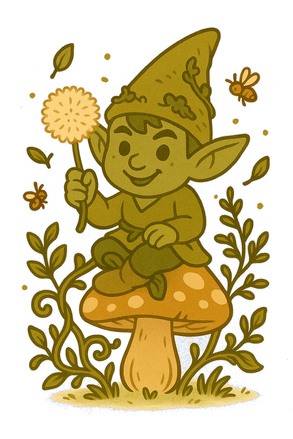 Dibujo de Eduardo el gnomo, un goblin que le gustan las flores, sentado sobre un hongo